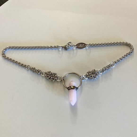 Handmade Genuine light pink rose quartz crystal maille silver boho goth necklace - Picture 11 of 11